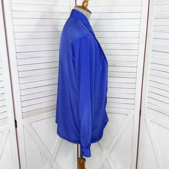 Vintage 80s Design Elements Pleated Removable Neck Bow Blouse Blue 10 - Picture 3 of 13